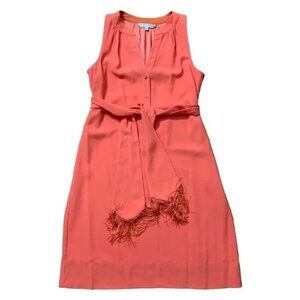 TRINA TURK Coral Orange‎ 1/2 Button Belted Fringe Shift Dress Sleeveless